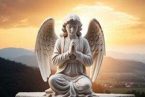 ángel estatua con amanecer en el fondo, religión y espiritualidad concepto. ai generado foto