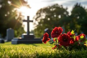 Red roses on a grave at a cemetery during the sunset with copy space AI generated photo