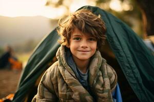 Portrait of a cute boy looking at camera while near his tent in nature AI generated photo