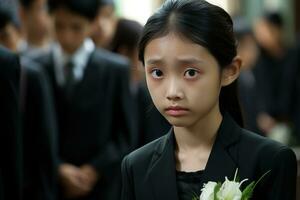 retrato de un pequeño asiático niña con en el cementerio, funeral concepto ai generado foto