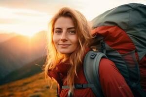Beautiful woman hiker with backpack hiking in the mountains at sunset AI generated photo