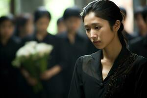 Asian woman in mourning at a funeral, shallow depth of field.Funeral Concept AI generated photo