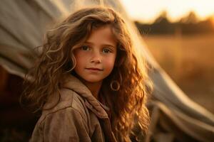 retrato de linda pequeño niña a cámara mientras en pie cerca cámping tienda a puesta de sol ai generado foto