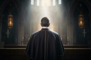 Rear view of priest looking at church interior. Religion concept. AI generated photo