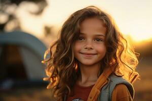 retrato de linda pequeño niña a cámara mientras en pie cerca cámping tienda a puesta de sol ai generado foto