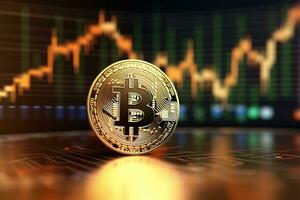 Golden Bitcoin on the background of the stock market chart. Cryptocurrency concept. AI generated photo