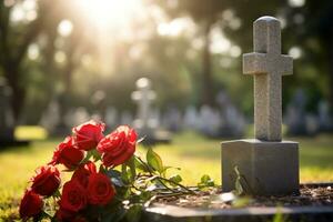 Red roses on a grave at a cemetery during the sunset with copy space AI generated photo