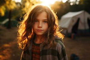 Portrait of cute little girl at camera while standing near camping tent at sunset AI generated photo