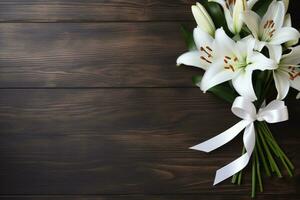 White lily flowers on wooden background. Top view with copy space.Funeral Concept AI generated photo