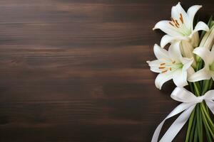 White lily flowers on wooden background. Top view with copy space.Funeral Concept AI generated photo