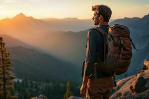 Handsome young man with backpack hiking in the mountains at sunset AI generated photo