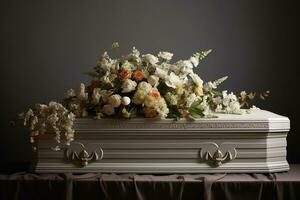 White coffin with flowers. The concept of funeral. AI generated photo