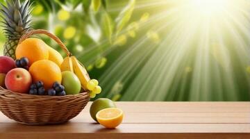 Fresh fruits against sunbeams background with space for text, background image, AI generated photo
