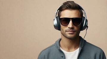 Man wearing sunglasses and headphone with space for text, background image, AI generated photo