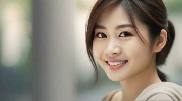 beautiful smiling asian female portrait with space for text on the side, background image, AI generated photo