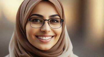 beautiful smiling arabic female wearing glasses portrait with space for text, background image, AI generated photo