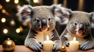 Cute koalas posing against New Year's eve ambience background with space for text, background image, AI generated photo