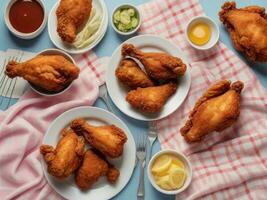 Fried chicken served on a pastel picnic blanket with space for text, background image, AI generated photo