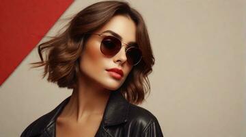 selfie of a beautiful brown hair girl wearing sunglasses against red background with space for text, background image, AI generated photo