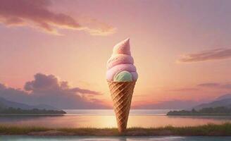 A scene with an ice cream cone against a serene pastel sunset with space for text, background image, AI generated photo