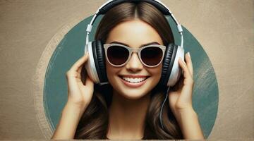 Beautiful smiling girl wearing sunglasses and headphone against textured background with space for text, background image, AI generated photo