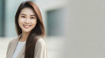 beautiful smiling asian female portrait with space for text on the side, background image, AI generated photo