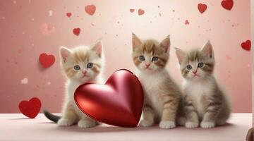 Cute kittens playing against valentine's day ambience background with space for text, background image, AI generated photo