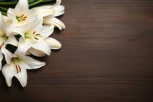 White lily flowers on wooden background. Top view with copy space.Funeral Concept AI generated photo