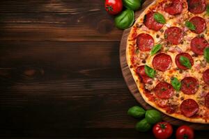 Pepperoni pizza on a Dark background. Top view with copy space. AI generated photo