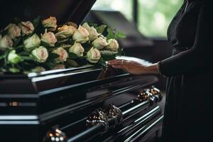 Closeup of a woman's hand placing a bouquet of white roses in a coffin.Funeral Concept AI generated photo