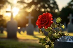 Red roses on a grave at a cemetery during the sunset with copy space AI generated photo