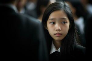 Portrait of a little asian girl with in the cemetery,Funeral Concept AI generated photo