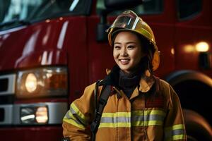 retrato de un linda pequeño asiático niña vistiendo un bombero uniforme ai generado foto