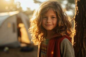 Portrait of cute little girl at camera while standing near camping tent at sunset AI generated photo