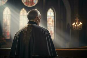 posterior ver de sacerdote mirando a Iglesia interior. religión concepto. ai generado foto