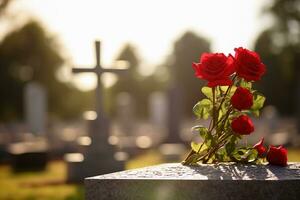 Red roses on a grave at a cemetery during the sunset with copy space AI generated photo