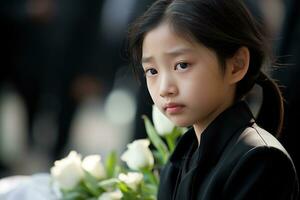 Portrait of a little asian girl with in the cemetery,Funeral Concept AI generated photo