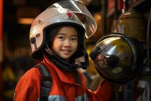 retrato de un linda pequeño asiático niña vistiendo un bombero uniforme ai generado foto