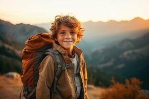 Adorable little boy with backpack hiking in mountains at sunset. Travel and active lifestyle concept AI generated photo