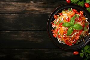 Thai food Som tum, Spicy green papaya salad.Top view AI generated photo