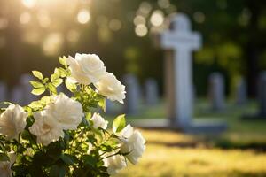 white flowers in front of a gravestone at a cemetery with sunset.Funeral ConceptAI generated photo