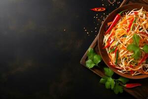 Thai food Som tum, Spicy green papaya salad.Top view AI generated photo