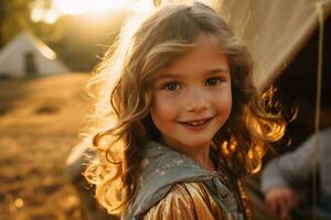 Portrait of cute little girl at camera while standing near camping tent at sunset AI generated photo