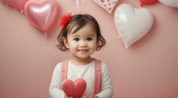 Cute smiling little toddler girl against valentine's day ambience background with space for text, children background image, AI generated photo