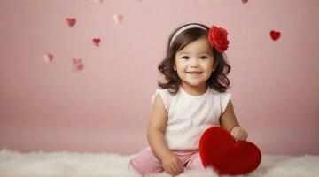 Cute smiling little toddler girl against valentine's day ambience background with space for text, children background image, AI generated photo