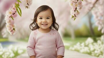 Smiling toddler girl against spring ambience background with space for text, children background image, AI generated photo