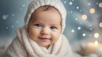 A Smiling newborn baby girl against winter ambience background with space for text, children background image, AI generated photo