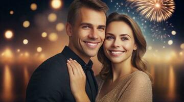 Portrait of a happy smiling european couple against firework new year party background, background image, AI generated photo