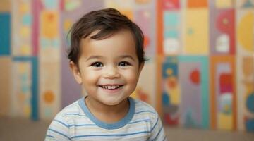 sonriente linda pequeño niñito chico en contra vistoso antecedentes con espacio para texto, niños antecedentes imagen, ai generado foto