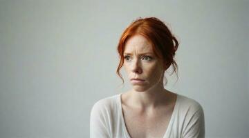 Portrait of a red hair woman with a deep sad expression  against white background, background image, AI generated photo